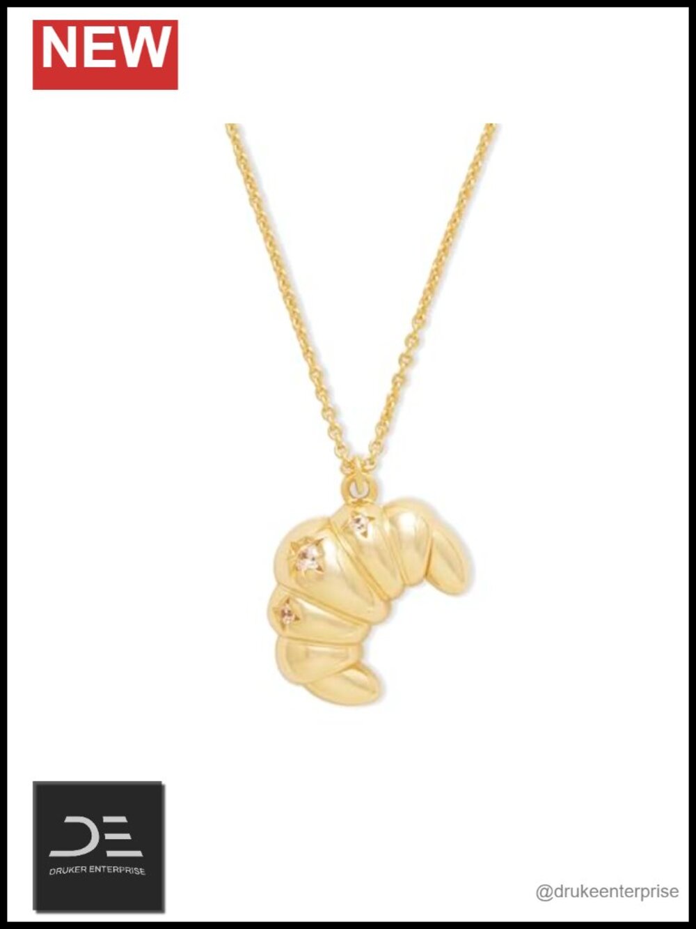 14K Gold Plated Croissant Pendant Necklace Locket with Cubic Zirconia
